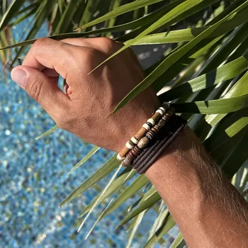 Náramek SADA 3 PÁNSKÝCH NÁRAMKŮ, SURF CREW HAWAII KORÁLKY ŘEMÍNEK NÁRAMEK