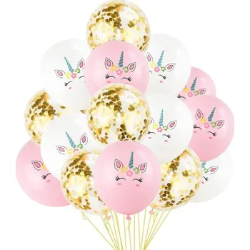 Balónek Sada 15 balónků Jednorožec Mix, Bílá/Růžová/Průhledná s Konfetami, Latex, Průměr 30 cm - Varianta 2