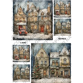 Umělecký papír Rýžový a soft papír na decoupage - Domy v zimě - KB4448 Materiál: Soft, Rozměr: A4