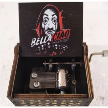 Hudebniny Dřevěný hrací strojek hraje melodii bella ciao z filmu Casa De Papel