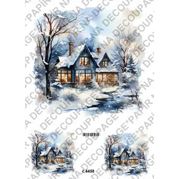 Výtvarný papír Rýžový a soft papír na decoupage - Dům v zimě - KB4458 Materiál: Rýžový papír, Rozměr: A4