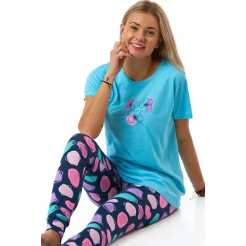Dámské pyžamo Dámské nebesky modré pyžamo s květy a vzorem barevných skvrn 1B2302 modrá s