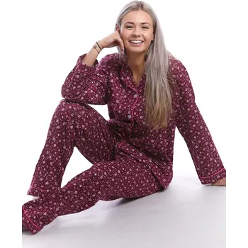 Dámské pyžamo Elegantní teplé flanelové pyžamo dámské na kojení - rudé růže 1DF0019 vínová m