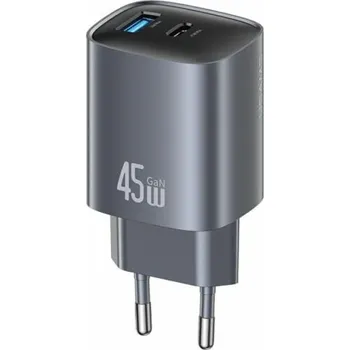 USAMS T66 45W CC290 GaN Rychlonabíječka do zásuvky 1xUSB-A 1xUSB-C stříbrná