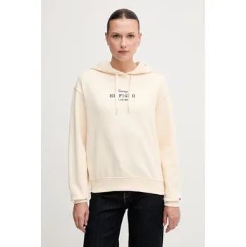 Dámská mikina Bavlněná mikina Tommy Hilfiger dámská, béžová barva, s kapucí, s aplikací, WW0WW45528 01X, vel. M