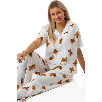 Dámské pyžamo Dámské mušelínové pyžamo bílé s hnědými plyšovými medvídky 1B2249 bílá S