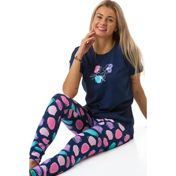 Dámské pyžamo Dámské tmavě modré pyžamo s květy a barevným vzorem skvrn 1B2304 modrá s