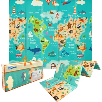 Hrací deka humbi oboustranná skládací pěnová podložka z XPE 200 × 180 × 1 cm mapa světa a ulice