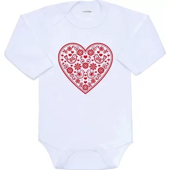 Kojenecký body Dětské body s potiskem New Baby lidový vzor červené srdíčko, dlouhý rukáv