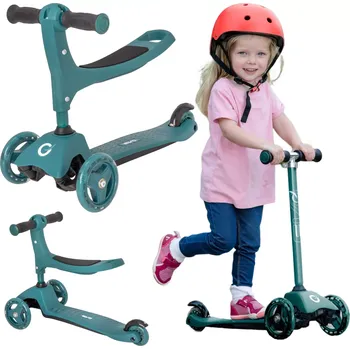 Koloběžka Evo dětská tříkolová koloběžka 2v1 se sedátkem, nastavitelná, tmavě zelená