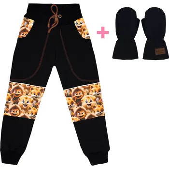 Chlapecké kalhoty Komplet - Softshellové kalhoty s fleecem - CUTE zvířátka a černé rukavice Velikost: 116