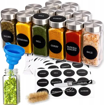 Obraz POJEMNIKI NA PRZYPRAWY ZESTAW 12 SZTUK NÁDOB + ETIKETY + PŘÍSLUŠENSTVÍ