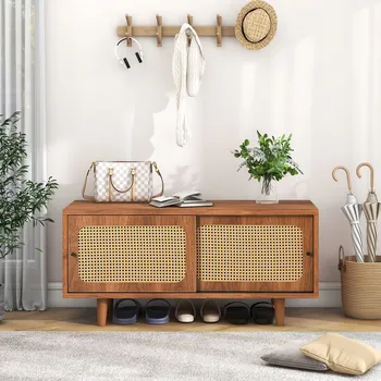 Botník Botník ratanový, 2 dvířka, nastavitelné police, ořech