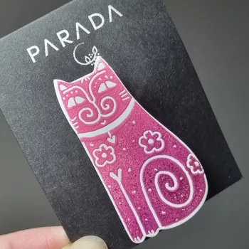 Brož Lucie Horáková Brož smaltovaná - kocour růžovofialový