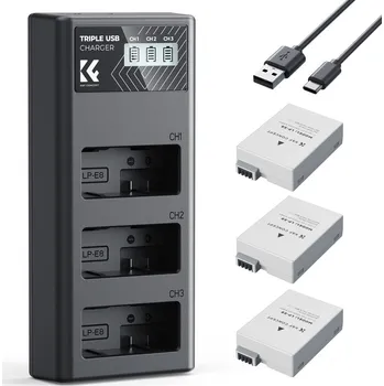 K&F CONCEPT Canon LP-E8 Camera Battery 1200mAh, 3-pack + Charger LCD display charger set,Three-slot