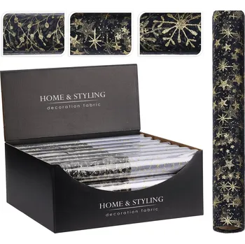 Organza látková 30x500 cm - vzor hvězdy, bobule, sněhové vločky, modrá tmavá barva