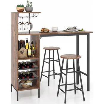 Jídelní stůl BAROVÝ STŮL S BAROVÝMI ŽIDLEMI DO KUCHYNĚ S POLICEMI STOLEK DRŽÁKY NA VÍNO