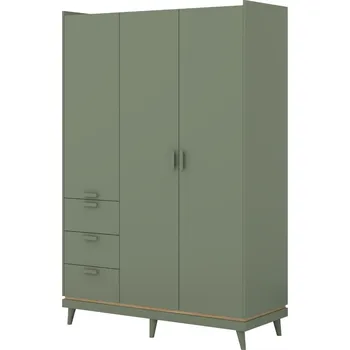 Šatní skříň Třídveřová šatní skříň Scandi se zásuvkami - Helvetia Ztlumená zelená / Olejovaný dub 143.5x214.5 cm