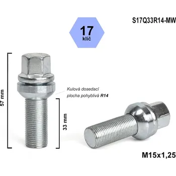 Šroubek na kolo Kolový šroub M15x1,25x33 kulový R14, pohyblivá plocha, klíč 17, S17Q33R14-MW, výška 57 mm