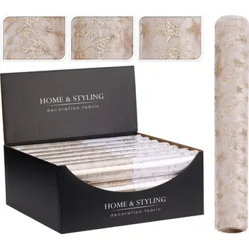 Organza látková 30x500 cm - vzor hvězdy, bobule, sněhové vločky, zlatá šampaň barva