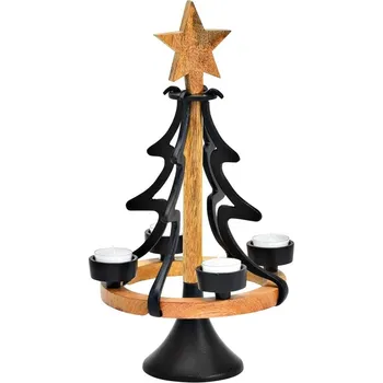 Vánoční dekorace Adventní svícen z kovu a mangového dřeva 38 cm - vánoční stromek s hvězdou