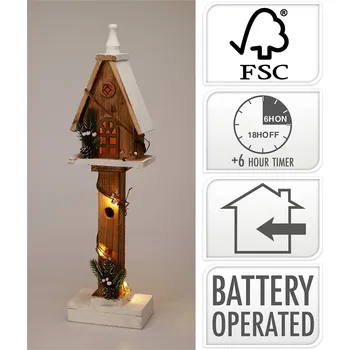 Vánoční dekorace Dřevěný domek na podstavci s LED osvětlením 55 cm