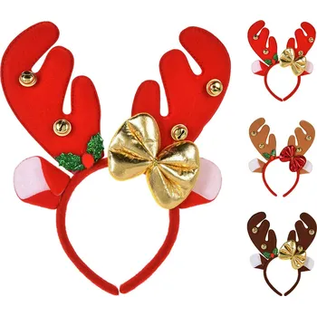 Vánoční dekorace Čelenka - vánoční sob s parohy zdobenými rolničkami a mašlí (mix 3 barev)