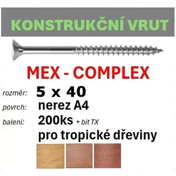 Vrut Konstrukční vrut MEX-COMPLEX A4 5x40 - balení 200ks+bit (Nerezavějící ocel A4, TX 25)