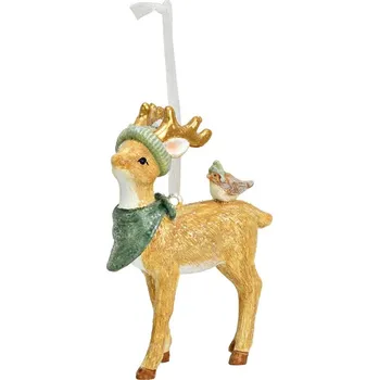 Soška jelena s ptákem 9 cm stojící, přírodní barva, stuha na zavěšení