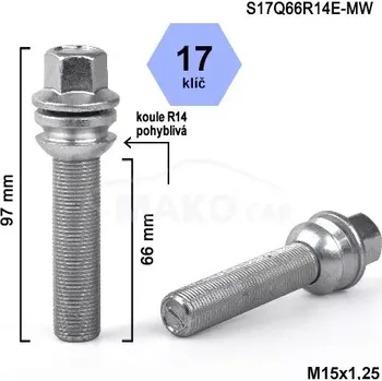 Šroubek na kolo Kolový šroub M15x1,25x66 koule R14 pohyblivá, klíč 17, stříbrný