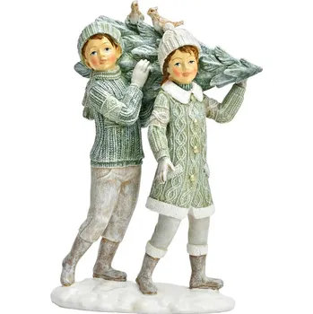 Vánoční dekorace Dívka a chlapec s vánočním stromkem, 22 cm