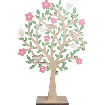 Vánoční dekorace Strom dřevěný s růžovými květy na postavení 30 cm