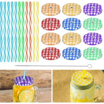 Sklenice 12X BAREVNÁ ŠROUBOVACÍ VÍČKA NA SKLENICE S OTVOREM PRO BRČKO NA LIMONÁDA KÁVA