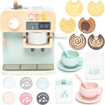 Dřevěná hračka DŘEVĚNÝ KÁVOVAR NA KÁVU, IDEÁLNÍ SADA PRO HRANÍ ROLÍ OD 3 LET