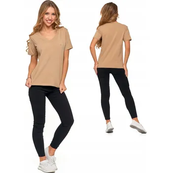 Dámské tričko Moraj béžové bavlněné krátký rukáv výstřih do V velikost L