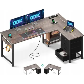 Počítačový stůl Rohový herní stůl se 4 zásuvkami, tvar Home Office, reverzibilní