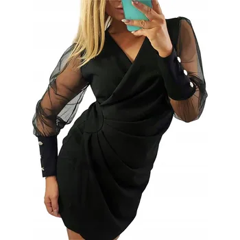 Dámské šaty V392 Zavinovací ŠATY TYLOVÝ RUKÁV ČERNÉ vel. 44 (2XL)