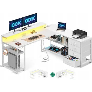 Počítačový stůl ROHOVÝ HERNÍ STŮL SE 4 ZÁSUVKAMI TVAR L DOMÁCÍ KANCELÁŘ OTOČNÝ