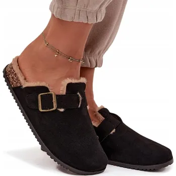 Dámské pantofle NAZOUVÁKY DÁMSKÉ DŘEVÁKY EKO SEMIŠOVÉ PLATFORMA ZATEPLENÉ KOŽÍŠKEM ČERNÉ 36