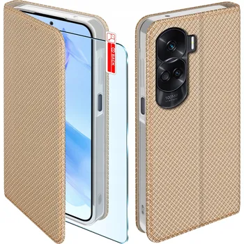 Pouzdro na mobilní telefon Flipové pouzdro pro Honor 90 Lite 5G Uzavíratelné Zlaté Pouzdro + Sklo 9H