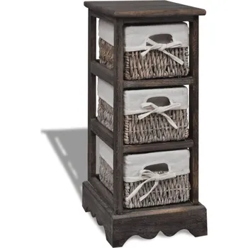 regál Dřevěný úložný regál se 3 proutěnými košíky 25 x 28 x 58 cm