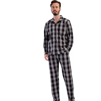 Pánské pyžamo Pánské kostkované pyžamo šedé a černé dlouhý rukáv bavlněné 1P1976 šedá xl