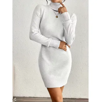 Dámské šaty Bílé pletené šaty s rolákem Barva: Bílá, Velikostní tabulka: L