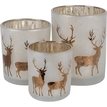 Svícen Set 3ks bílo-zlatý skleněný svícen s jeleny - Ø 7*8 / Ø 9*10 / Ø 10*12 cm