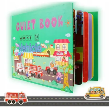 Hračka pro nejmenší MONTESSORI KNIHA PRO DĚTI S NÁLEPKAMI Vozidla 2+ Anglická vozidla