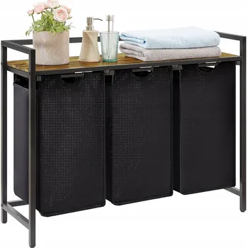 Koš na prádlo Tříkomorový koš na prádlo s poličkou, rustikální styl Loft, 120 l