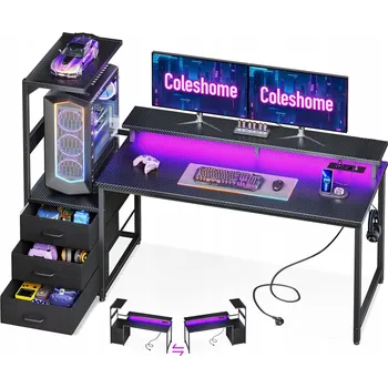 Počítačový stůl HERNÍ STŮL S REGÁLEM, LED OSVĚTLENÍM, ZÁSUVKAMI, ZÁSUVKAMI, 150 CM A STOJANEM NA MONITOR