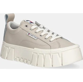 Dámské tenisky Kožené tenisky Tommy Jeans TJW VULC FLATFORM LEATHER dámské, béžová barva, EN0EN03008 01X, EUR 40