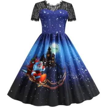 Dámské šaty Dámské vánoční šaty s krajkovými rukávy Barva: modrá (1774-002), Velikost: XXXL