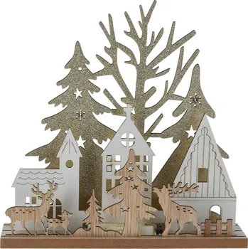 Vánoční dekorace Vánoční stolní LED lampa Domky s jeleny, MDF, 19,5 x 4,5 x19,5cm, zlatá